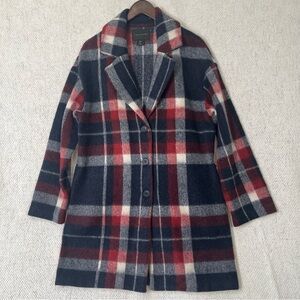 Tahari Wool Blend Plaid Coat Womens Large Americana Jacket Long Business Casual